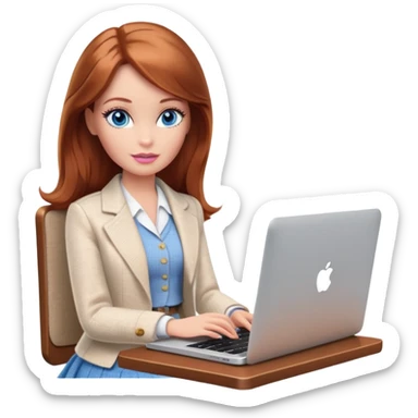A Barbie girl with blue eyes, shoulder-length reddish-brown hair, made-up, wearing a white tweed jacket and beige skirt, is sitting a with a MacBook sticker