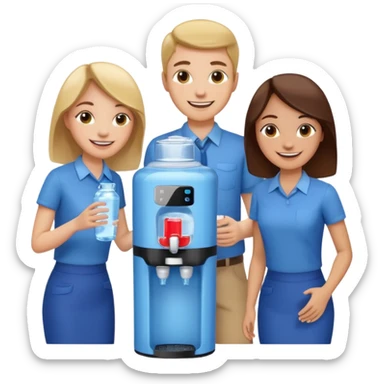 a group of 3 employees gathered around a water cooler, smiling and chatting sticker