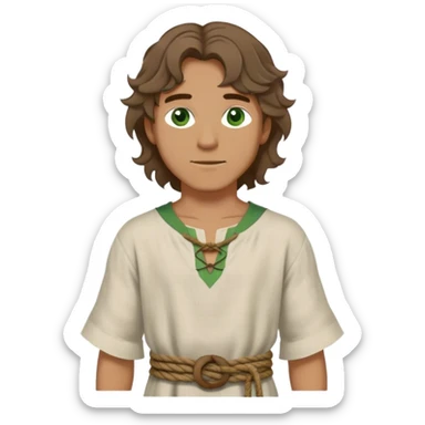 medieval summer outfit worn by a DnD themed fantasy character. basic lightweight linen tunic with short sleeves and a simple rope belt. clothes only above the waist. The clothes full waist. The character's haven't arms. character is brown hair, green eyes, shoulder-length wavy hair, tan-skinned man.

 sticker