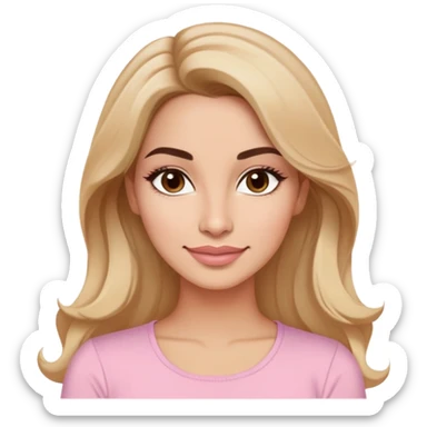 Puerto Rican actress in her early 30s with oval face, soft features, defined but not prominent cheekbones, sweet expression, large almond light brown eyes, well-defined medium eyebrows, straight nose, medium lips with fresh smile, long slightly wavy dark blonde hair, wearing a light pastel pink top sticker