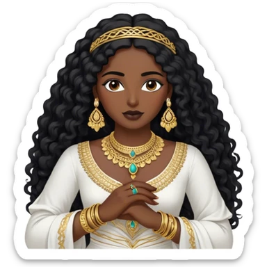 The Palestinian woman, she had long curly black hair and well defined eyebrows wears a white traditional dress. Her accessories steal the spotlight—intricately designed gold bangles, statement rings, and layered necklaces— she doesn’t have a head or hair accessories sticker