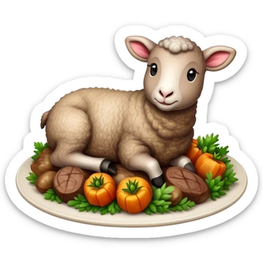 Cinematic Realistic Roast Lamb Dish Emoji, depicted with tender, succulent lamb roasted to perfection and served with seasonal vegetables, rendered with rich textures and inviting warm lighting that captures its traditional heritage. sticker