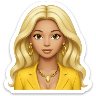 Beyonce with long platinum blonde hair, yellow outfit and earring sticker