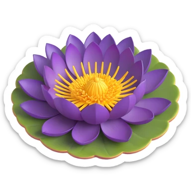 Realistic deep purple lotus flower with detailed layered petals and yellow stamens, floating on authentic lotus pad with characteristic notch and bowl shape sticker