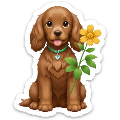 Full body shot of a brown cocker spaniel sitting happily with a flower sticker