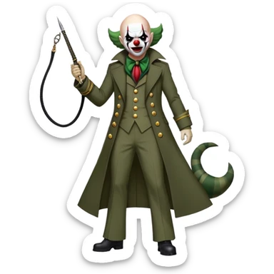 evil clown, bald, small black horns on forehead, fangs, pointed ears, eye patch over one eye, long coat over black and military green leisure suit with bellbottom pants, tail, holding a different style of whip, realistically proportioned, less bulky, full body, battle-ready, fighting posture sticker