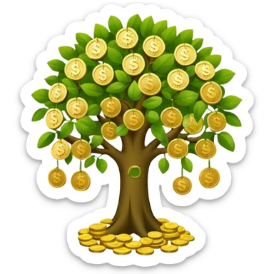 Apple-style money tree (10 coints), round soft green canopy.
No pot, no ground — only the tree.
Small gold coins as fruits inside the leaves (not below).
Flat 2D vector, clean shapes, no gradients.
Dark near-black background, premium fintech icon. sticker