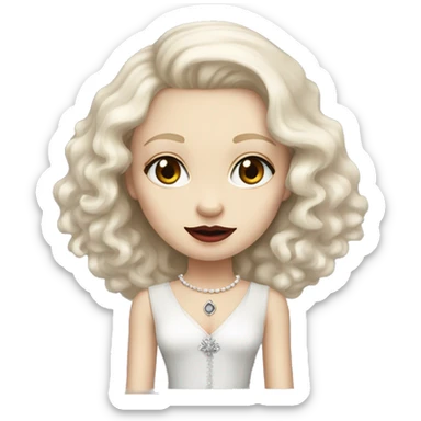 This girl looks like the queen of vampires, she has red eyes, but she is very kind, she has blonde hair, pale skin, big eyes, cheekbones and curly beautiful hair, she likes to dress elegantly, there is a white Chihuahua dog with gray spots sticker