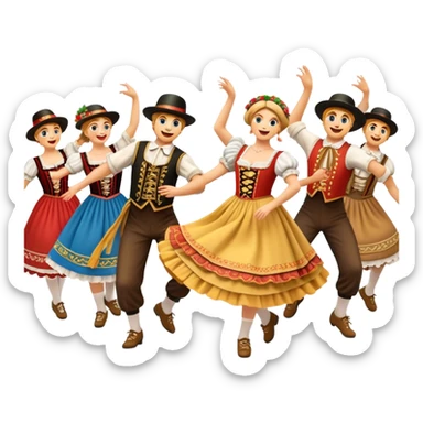 Cinematic Realistic Schuhplattler Dance Emoji, depicted as a lively traditional folk dance scene with performers in authentic Bavarian costumes, rendered with dynamic textures and festive natural lighting that captures the spirit of rural celebration. sticker