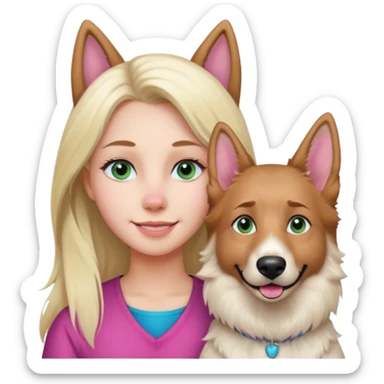 White European young woman with blue-green eyes and long blond hair with her white German Shepherd dog,the Dog hast a pink nose and short fur  and Brown eyes sticker