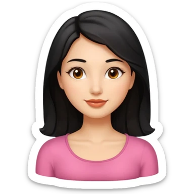 Feminine woman Softly rounded, healthy face — slightly curvy and feminine, not overweight.
Warm tan skin, brown eyes with long lashes, full glossy lips, gentle smile.
Shoulder-length black hair framing the face.
Clean, polished emoji look, soft shading, neutral background. sticker