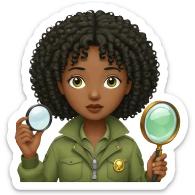 dark skin curly black haired woman in moss green explorer outfit, holding magnifying glass sticker