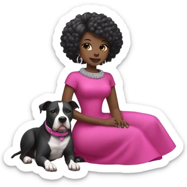 Black lady with black hair wearing hot pink dress hugging large all grey pitbull with spiked pink collar sticker