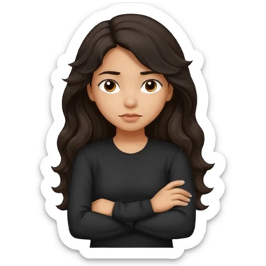 Hispanic girl with dark long wavy hair crossing her arms with slight pout wearing a black long sleeve shirt sticker