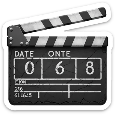 Minimalist emoji-style sticker of a cracked movie clapperboard with the date “06/06/66”, faint scorched marks, all in grayscale


 sticker
