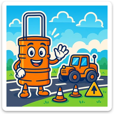 Make a fun cartoon scene with the orange road construction barrel as the main character. Add a bright, playful background with a road, some traffic cones, and a blue sky with clouds in the style of cartoonish stickers. sticker