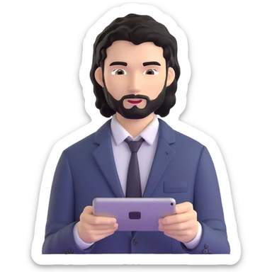 Business strategist with black wavy hair, stubble, chiseled face, wearing blazer and button-up shirt, working on digital devices, surrounded by data visualizations and AI technology, innovative tech-savvy expression sticker