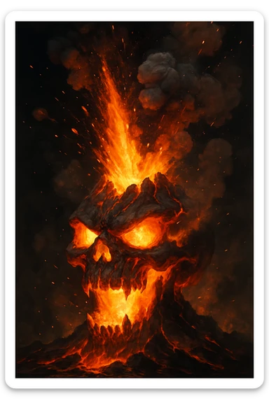 skull head as a volcano, magma and ash shooting upwards, energetic and fierce, explosive volcanic activity, fiery magma blast sticker