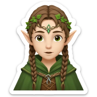 forest elf, brown braid, green cloak, gentle expression sticker