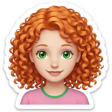 smiling pale girl with curly orange hair, green eyes, pink shirt sticker