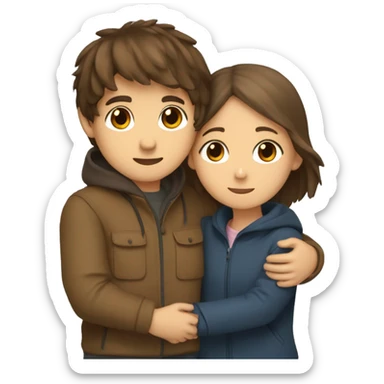 a young boy with brown hair and brown eyes in love hugging a thin girl with brown short straight hair and fringe with big brown eyes and a windbreaker on.  sticker