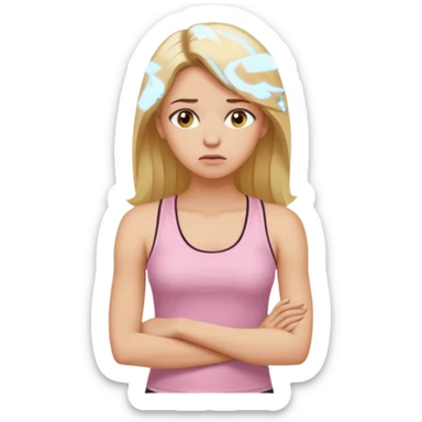 Create a young woman with long blonde hair, golden eyes, and medium-light skin tone, wearing a light pink tank top and leggings. She should be in portrait mode, but with a subtle doubting facial expression—slightly raised eyebrow, small frown, .  and her hand next to her chin like a thinker sticker