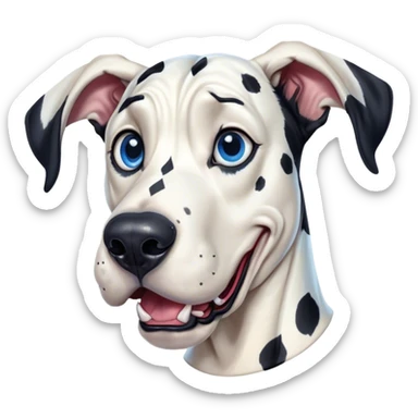 Cinematic Comical Harlequin Great Dane Portrait Emoji, Head tilted dramatically with an exaggeratedly shocked or amused expression, featuring a striking coat of predominantly white with vivid black patches, wide, expressive blue eyes filled with playful disbelief, Simplified yet hilariously expressive features, highly detailed, glowing with a slightly sassy glow, high shine, dramatic yet playful, stylized with an air of cheeky charm, bright and endearing, soft glowing outline, capturing the essence of a spirited and over-the-top guardian, so meme-worthy it feels like it could side-eye its way into internet fame instantly! sticker