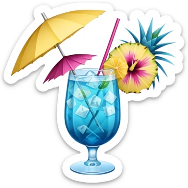 vibrant tropical fruity blue cocktail with hibiscus, pineapple slice, and paper umbrella garnish sticker