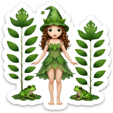 full body woman long curly brown hair brown eyes white skin tattoos wearing cute frog hat and sheer leaf dress, barefoot, flirty forest fairy pose sticker
