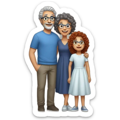 family of four father with gray hair mother with red curly hair and blue glasses son with brown hair and little daughter with curly brown hair sticker