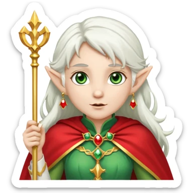 an elf with very white hair and two long ponytails on the side of her head, she has a curtain bang, green eyes, she has a white cape with golden borders and a scepter with a red orb, she has earrings that look like red drops sticker