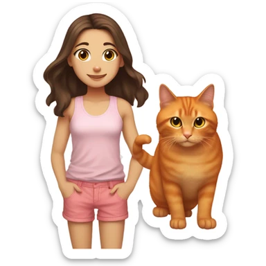 a white girl white hazel eyes and long dark brown hair petting her orange cat, the cat that is orange has yellow eyes. she is wearing a pink tank top with light wash shorts. make them both smiling.  sticker