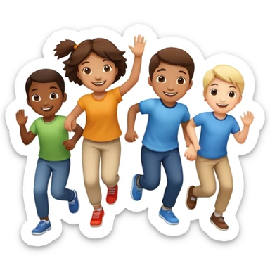 group of children hopping together, fun and friendly sticker