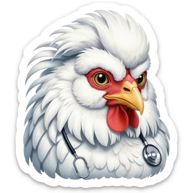 A very fluffy White Silkie Bantam rooster wearing a doctor's stethoscope. The head feathers look like a large wig. sticker