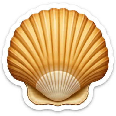 A madeleine pastry. Oval seashell shape with ONLY four to five vertical lines going in the same direction. Light golden brown. Scalloped edge. Cookie. Flat. Long. Oval shape. Lets scallops. Only four or five scalloped lines. Oblong shape. More length. Less roundness. More vertical length sticker