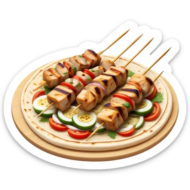 cinematic-realistic-souvlaki-dish-emoji,-showcasing-skewered,-grilled-chicken-with-mediterranean-spices-rendered-with-dynamic-textures-and-warm,-appetizing-lighting on pita bread sticker