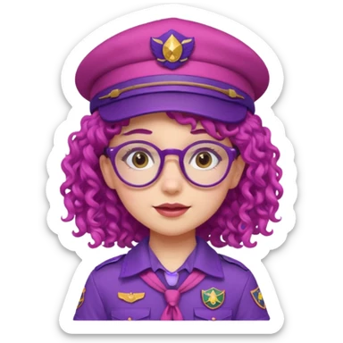 scout girl with very pink scout uniform including hat, purple curly haired and glassess sticker
