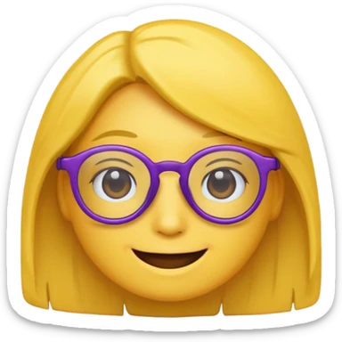 un emojis amarillo, con el cabello corto,lacio y negro, con lentes violeta y una sonrisa sticker