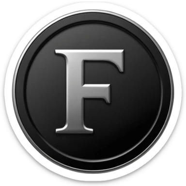 Emoji icon of a black coin with engraved letter F, minimalist style, isolated, no color sticker
