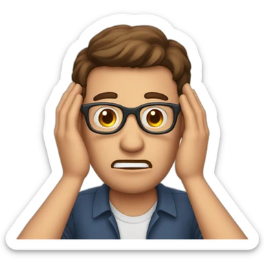 man with brown hair and glasses visibly scared hands over face sticker