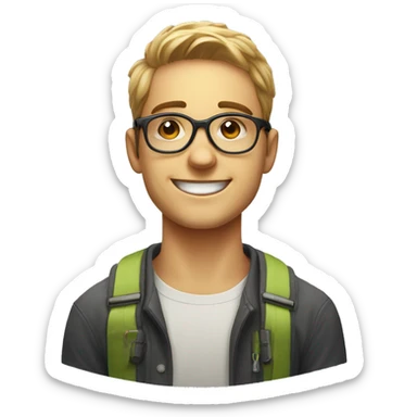 younman of about 20 years old, trader with circular glasses, smiling and strai sticker