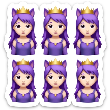 A collection of twelve chibi-style illustrations of a cute princess wearing a purple dress and crown with purple hair and purple wolf ears and purple wolf tail character. Each square shows the character expressing a different emotion against a white background And make a gap between each illusion sticker