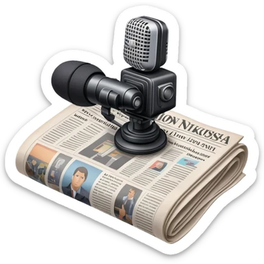 An icon featuring a microphone, a newspaper, a professional camera Nikon D5, representing journalism and mass media. The design includes headlines and imagery, symbolizing the spread of news and information. Transparent background highlights the power of communication and media. sticker