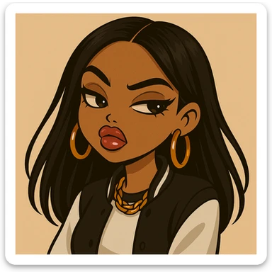 Change her pose to a side-eye, headshot only, 20-year-old anime Bratz style woman with dark skin, straight hair, more casual outfit, big expressive eyes, glossy lips, no hat, no tears, confident and aloof expression, snooty attitude, nose turned up. Render in anime Bratz style with emphasis on glossy lips and big expressive eyes, confident and aloof expression, no hat, no tears. sticker