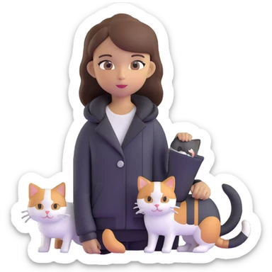 Light-skinned girl with brown straight hair wearing a black jacket, along with one pure white cat and one calico cat sticker