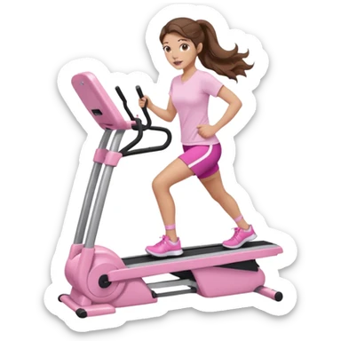 girl with wavy long ponytail brown hair, brown eyes, light to medium complexion, long lashes, light pink lipstick, wearing light pink shirt, on a stairstepper workout machine sticker