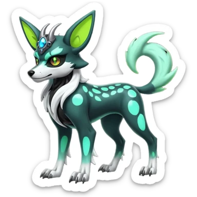 Hyper realistic slim horned skeletal black and neon green futuristic shiny colorful bioluminescent cyber-Poochyena-Lycanroc-Zorua-Litten-Houndoom-Fakémon-Pokémon-Digimon-hybrid-fusion (full body) with a skull face sticker
