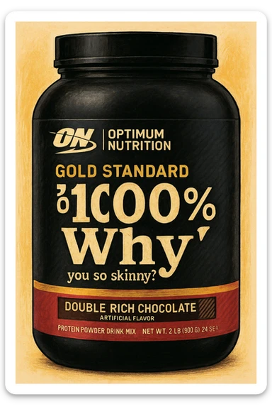Style this image of protein jar in the GPT style. Change the inscription “WHEY” to ‘Why’ and add “you so skinny?” in a smaller font. sticker