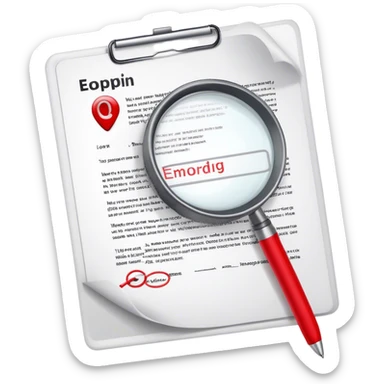 Create an emoji representing editing and proofreading. The design should feature an open document or manuscript with visible text and proofreading marks (such as red underlines or corrections). A red pen or pencil should be placed near the document, symbolizing the act of making edits. Optionally, include a magnifying glass to represent careful review. Use neutral and professional colors like white, black, and red accents to highlight the editing process. Do not include any emojis or smiley faces. Make the background transparent. sticker