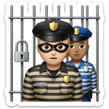 emoji of a cartoon thief in a striped mask behind metal bars with a lock and police officer nearby, chains draped across the bars sticker